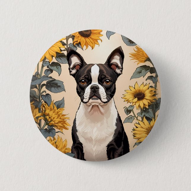 Cute Boston Terrier Yellow Sunflowers Button (Front)