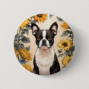 Cute Boston Terrier Yellow Sunflowers Button