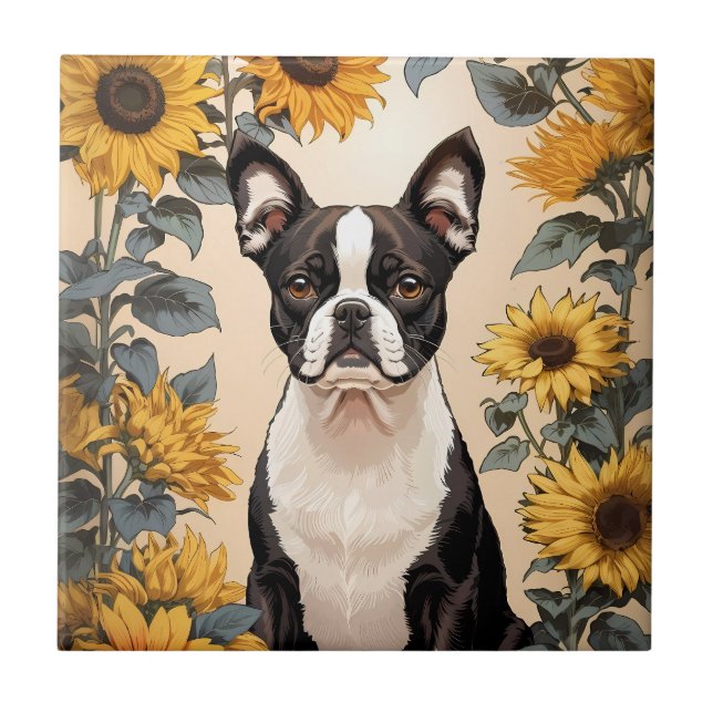 Cute Boston Terrier Yellow Sunflowers Ceramic Tile (Front)
