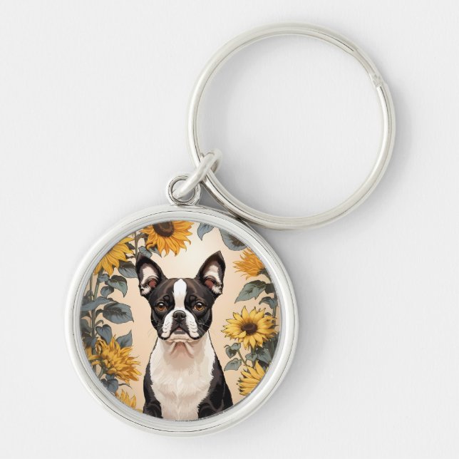 Cute Boston Terrier Yellow Sunflowers Keychain (Front)