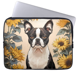 Cute Boston Terrier Yellow Sunflowers Laptop Sleeve