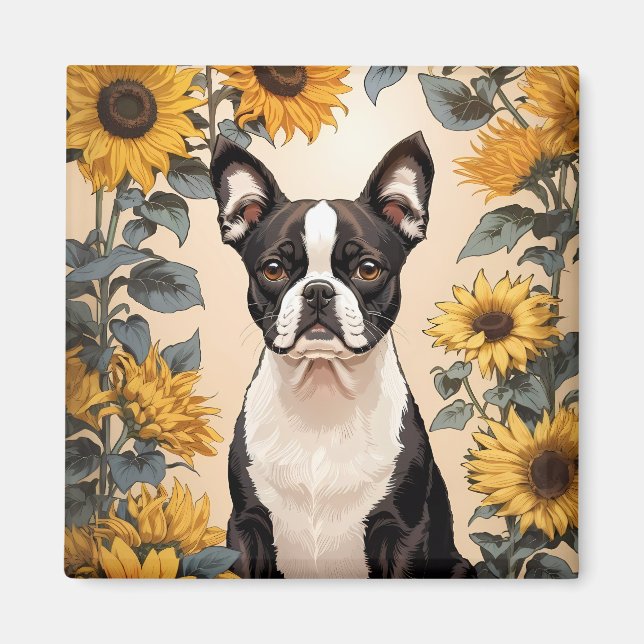 Cute Boston Terrier Yellow Sunflowers Magnet (Front)