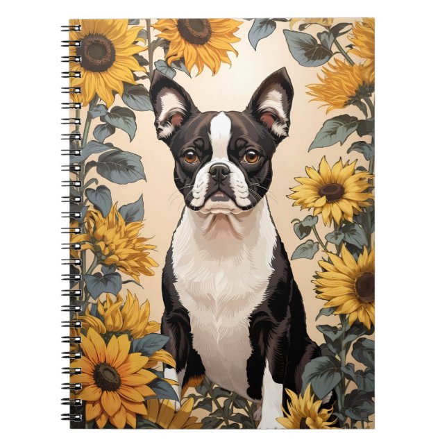 Cute Boston Terrier Yellow Sunflowers Notebook (Front)