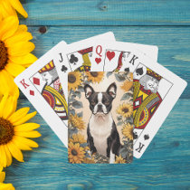 Cute Boston Terrier Yellow Sunflowers Poker Cards