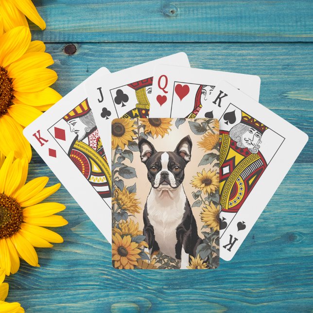 Cute Boston Terrier Yellow Sunflowers Poker Cards (Creator Uploaded)