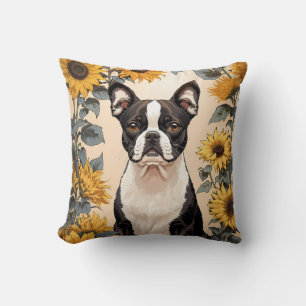 Cute Boston Terrier Yellow Sunflowers Throw Pillow