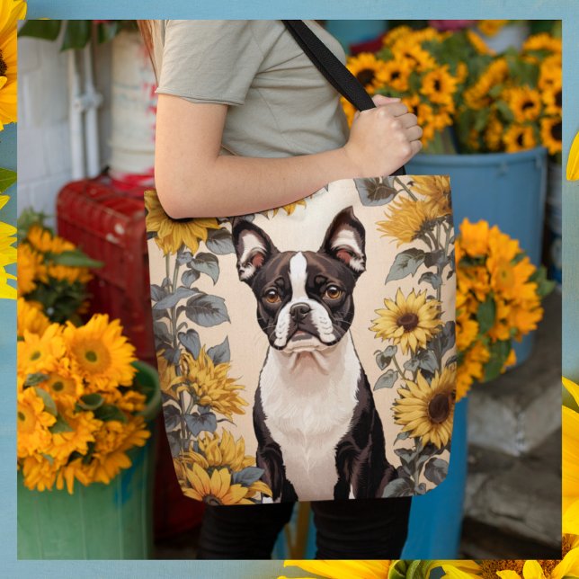 Cute Boston Terrier Yellow Sunflowers Tote Bag (Creator Uploaded)