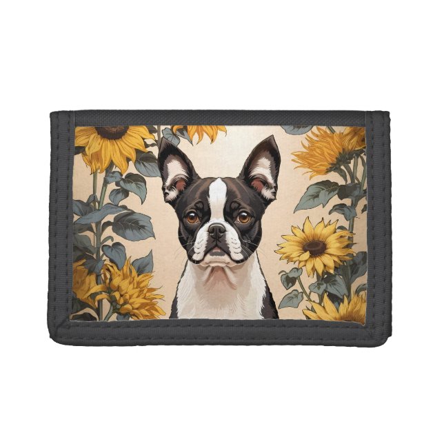 Cute Boston Terrier Yellow Sunflowers Trifold Wallet (Front)