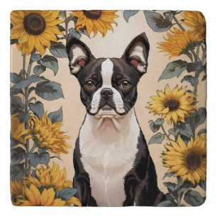 Cute Boston Terrier Yellow Sunflowers Trivet