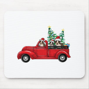 Cute boston terriers riding red truck to celebrate mouse pad