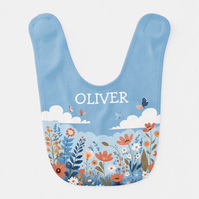 Cute Botanical Elegant Wildflowers Personalized Baby Bib (Front)