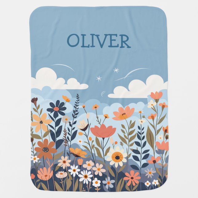 Cute Botanical Elegant Wildflowers  Personalized Baby Blanket (Front)