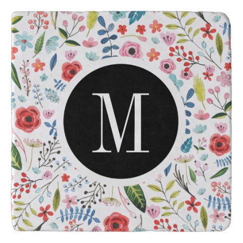 Cute Botanical Flowers  Leas Pattern Monogram Trivet