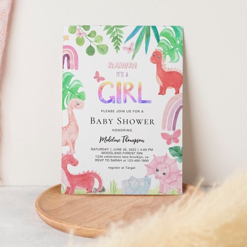 Cute Botanical Its A Girl Dinosaur Baby Shower Invitation