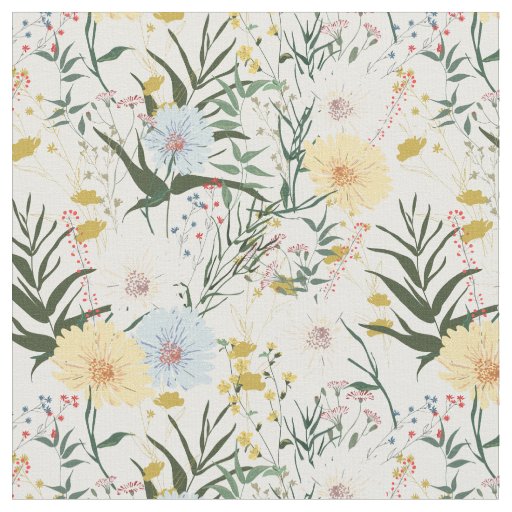 Cute botanical Ivory and blue l White Fabric