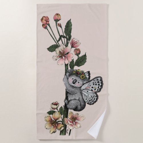 Cute Botanical Koala Beary Watercolor Illustration Beach Towel