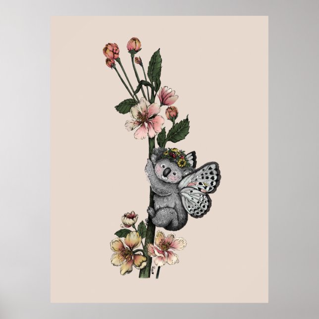 Cute Botanical Koala Beary Watercolor Illustration Poster (Front)
