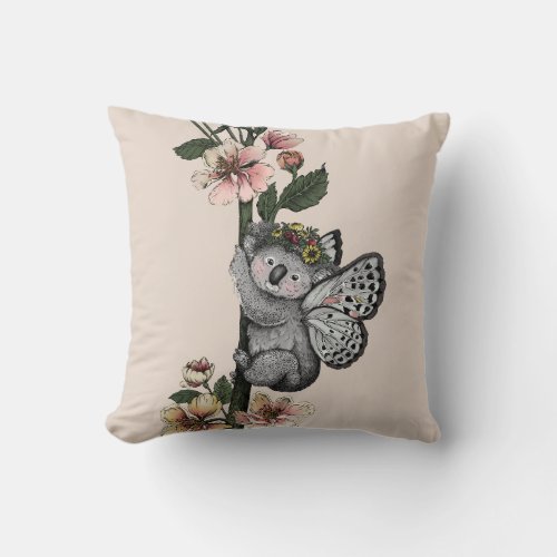 Cute Botanical Koala Beary Watercolor Illustration Throw Pillow