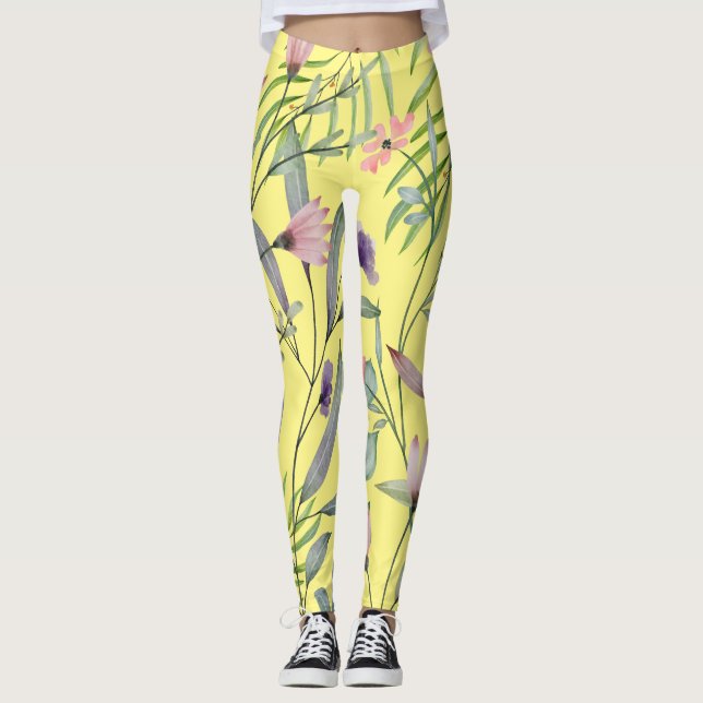 Cute botanical minimal foliage artwork yellow leggings (Front)