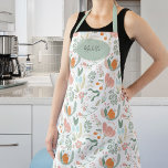 Cute botanical pastel floral pattern custom name apron<br><div class="desc">Pretty spring floral pink,  orange,  and sage green patterned feminine apron with personalized name or text over a light sage green oval geometrical shape.</div>