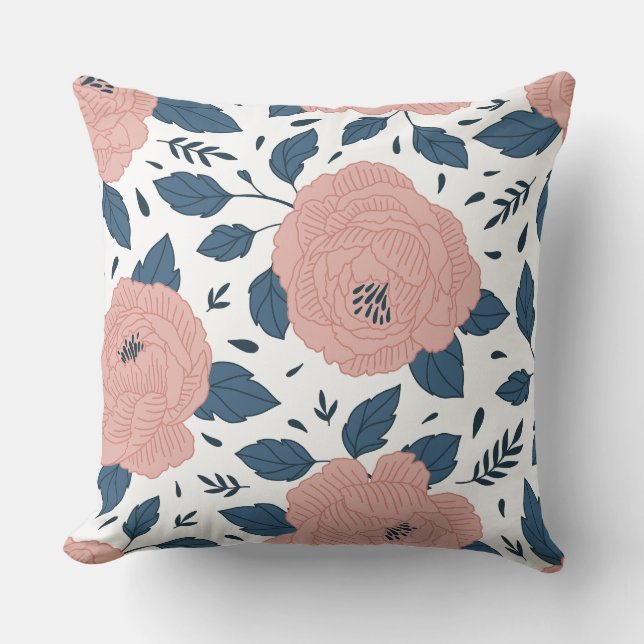 Cute botanical pattern l Pink floral l White Throw Pillow (Front)