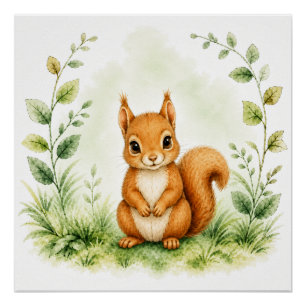 Cute Botanical Red Squirrel Watercolor Wildlife Poster