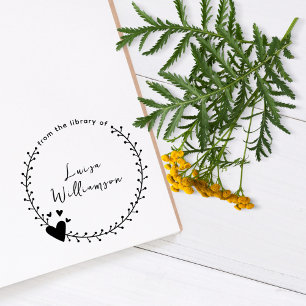 Cute Botanical Wreath and Hearts Custom Book Self-inking Stamp