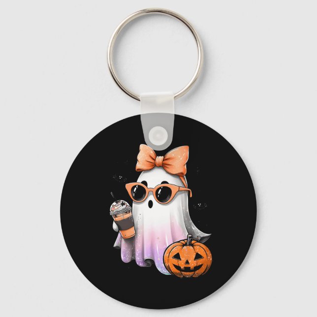 Cute Bougie Ghost Coffee Pumpkin Spooky Season Hal Keychain (Front)
