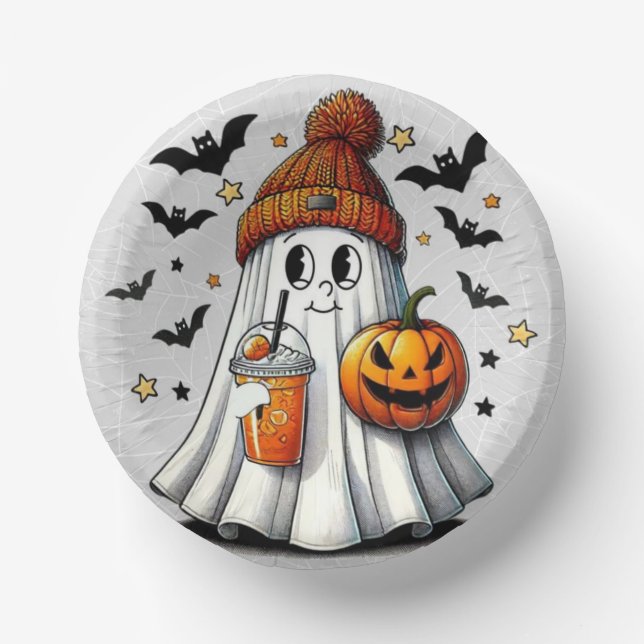 Cute Bougie Tricker Treating Halloween Ghost  Paper Bowls (Front)