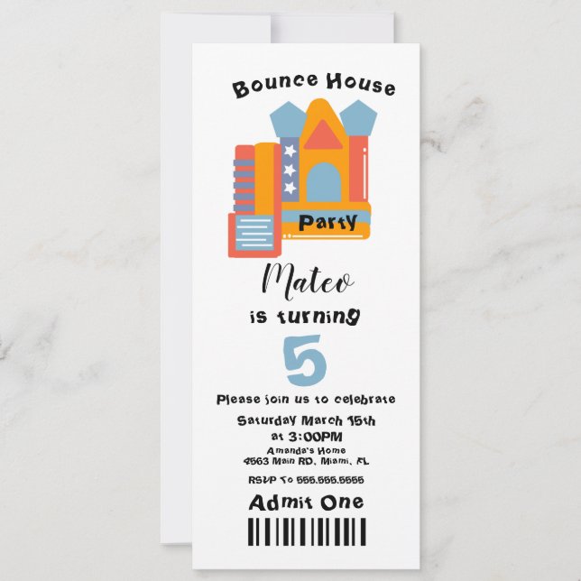 Cute Bounce House Birthday Ticket Style Invitation (Front)