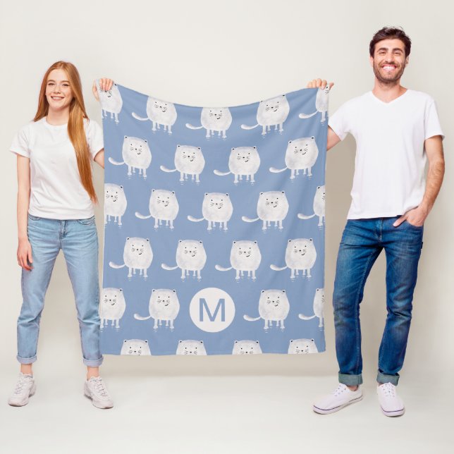Cute Bouncing White Cat Pattern Monogram Blue Fleece Blanket (In Situ)