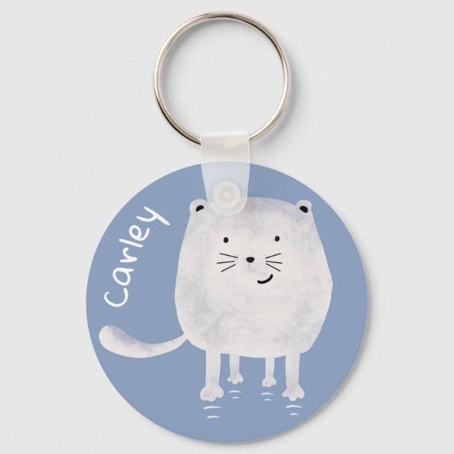 Cute Bouncing White Cat Personalised Keychain (Front)