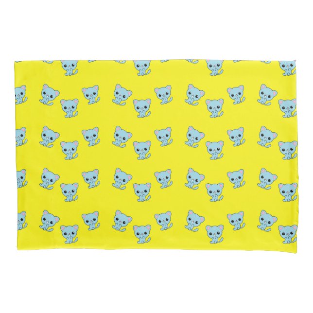 Cute bouncy blue kitten on yellow pillow case (Front)