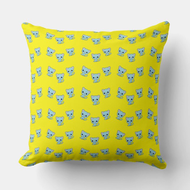 Cute bouncy blue kitten on yellow throw pillow (Front)
