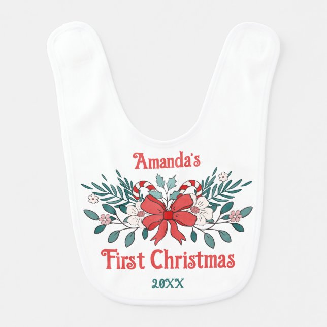 Cute Bow and Flower Baby's First Christmas Baby Bib (Front)