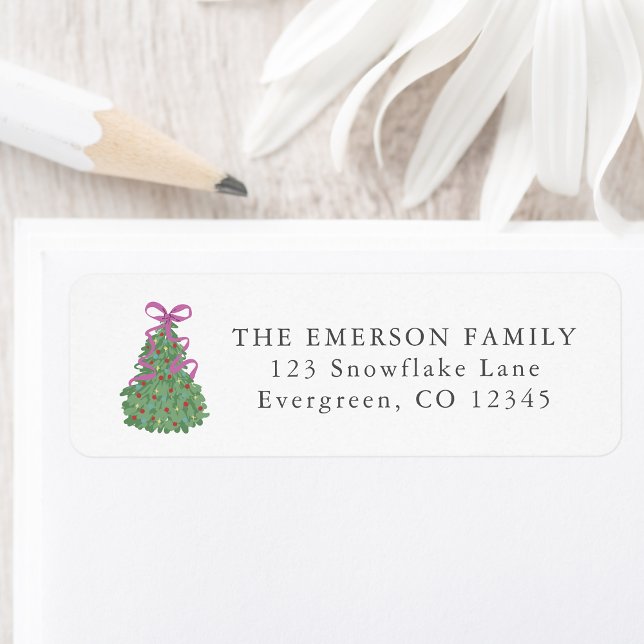 Cute Bow Christmas Tree Return Address label (Holiday Cute Bow EvergreenChristmas Tree Return Address Label by Painted Paperie
)