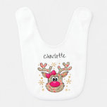 Cute Bow Floral Christmas Reindeer &amp; Baby&#39;s Name Baby Bib