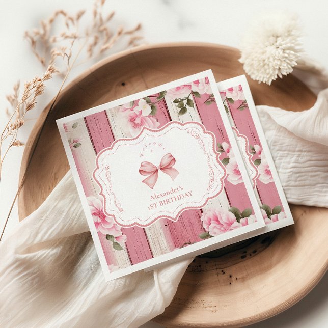 Cute Bow Floral Fancy ONE Girl 1st Birthday  Napkins (Creator Uploaded)