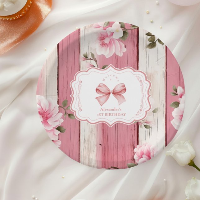 Cute Bow Floral Fancy ONE Girl 1st Birthday  Paper Plates (Creator Uploaded)