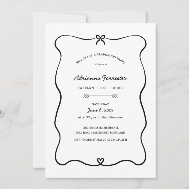 Cute Bow Heart Minimal Graduation Party Invitation (Front)