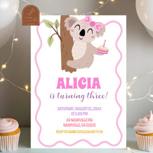 Cute Bow Koala Girl Birthday Invitation