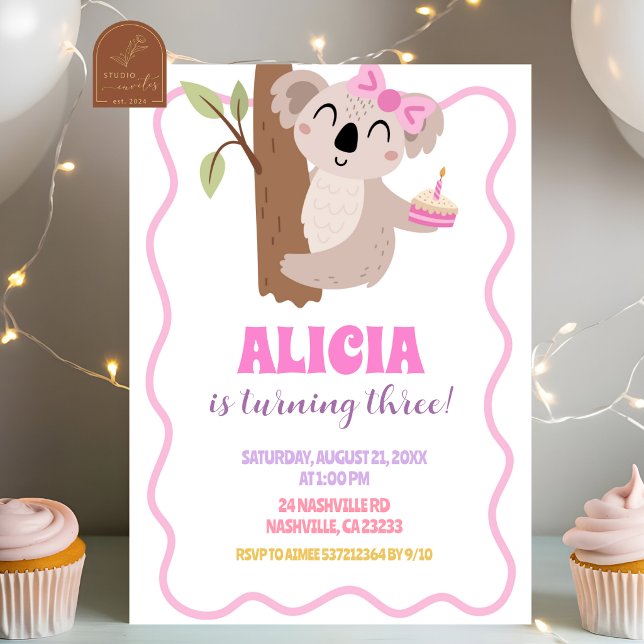 Cute Bow Koala Girl Birthday Invitation (Creator Uploaded)