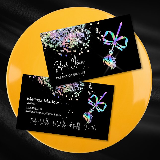 Cute Bow Maid Cleaning House Sparkling Holograph Business Card (cute holograph broom with a bow, cleaning logo design)
