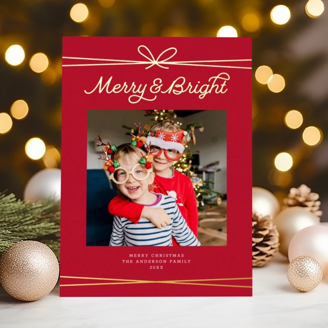 Cute Bow Merry & Bright Photo Red + Gold  Foil Holiday Card (Creator Uploaded)