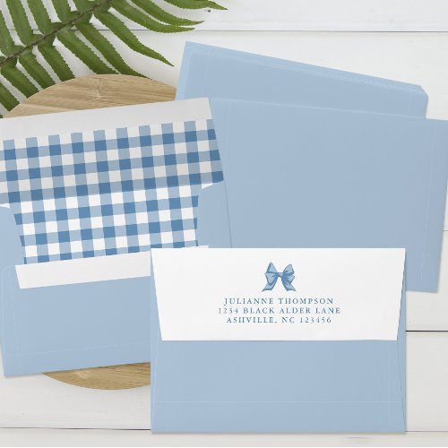 Cute Bow Pastel Blue Gingham Check Return Address Envelope