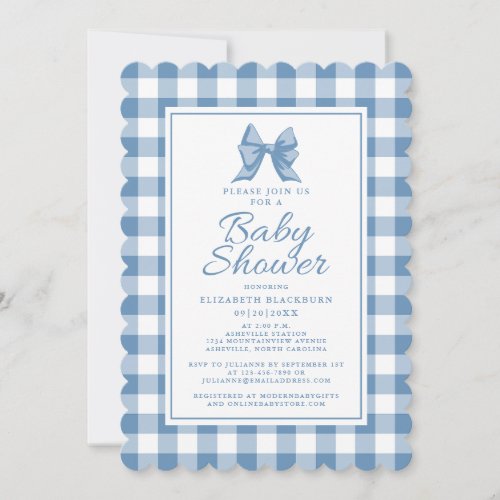 Cute Bow Pastel Blue  White Gingham Check Pattern Invitation