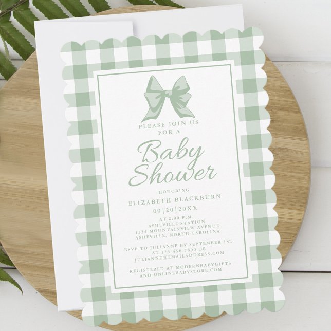 Cute Bow Pastel Green White Gingham Check Pattern Invitation (Cute Bow Pastel Green White Gingham Check Pattern Invitation)