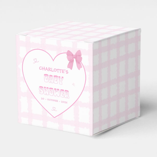Cute Bow Pastel Pink Gingham Baby Shower Favor Boxes (Front Side)