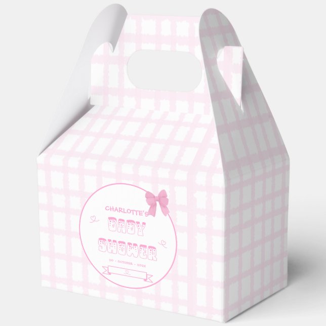 Cute Bow Pastel Pink Gingham Baby Shower Gable Favor Boxes (Front)