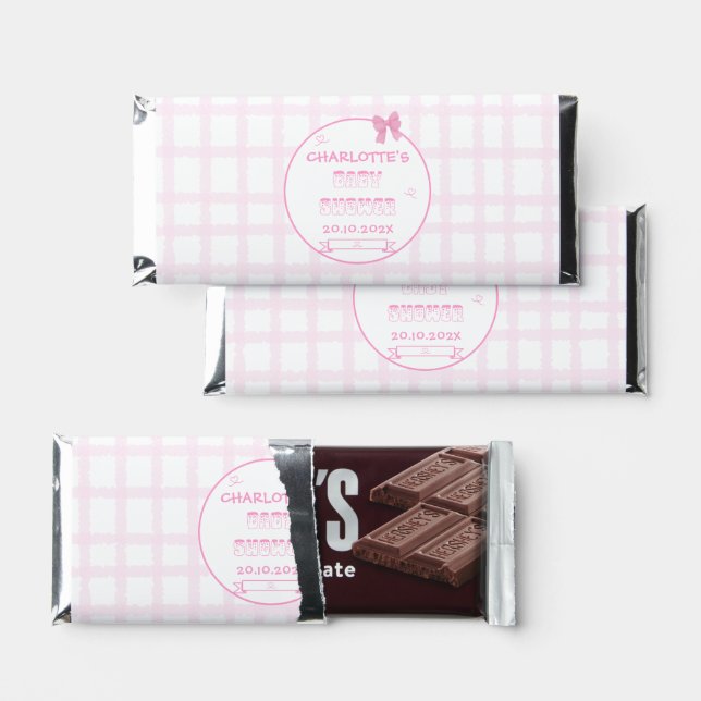 Cute Bow Pastel Pink Gingham Baby Shower Hershey Bar Favors (Front)